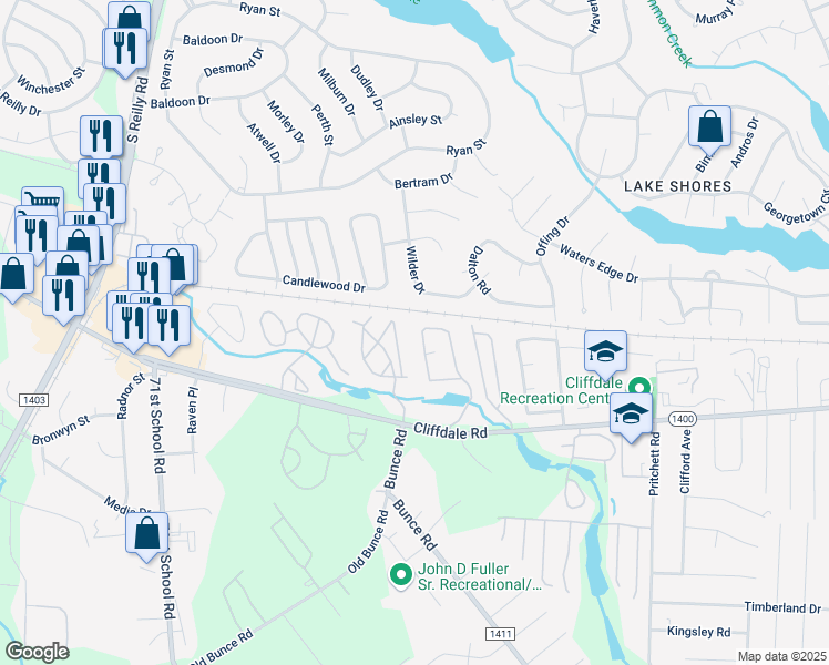 map of restaurants, bars, coffee shops, grocery stores, and more near 673 Bartons Landing Place in Fayetteville
