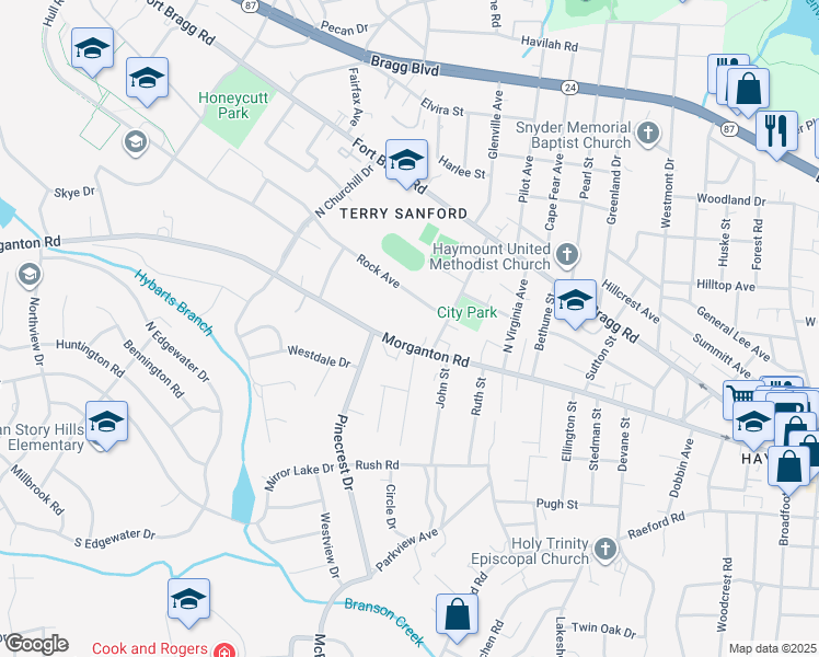 map of restaurants, bars, coffee shops, grocery stores, and more near 2108 Morganton Road in Fayetteville