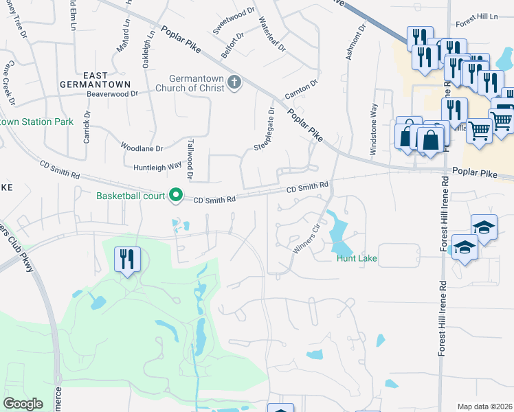 map of restaurants, bars, coffee shops, grocery stores, and more near 3221 Point Hill Cove in Memphis