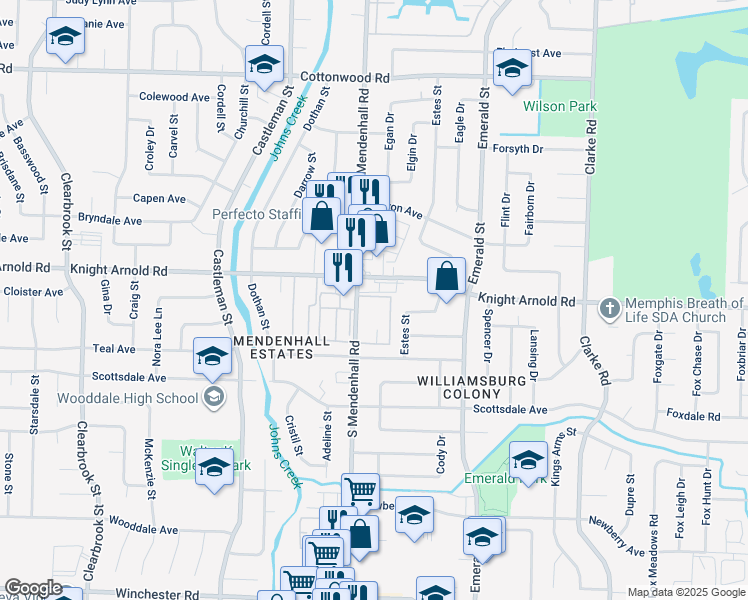 map of restaurants, bars, coffee shops, grocery stores, and more near 3218 13 Colony Mall in Memphis