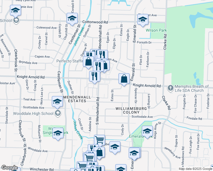 map of restaurants, bars, coffee shops, grocery stores, and more near 3218 13 Colony Mall in Memphis