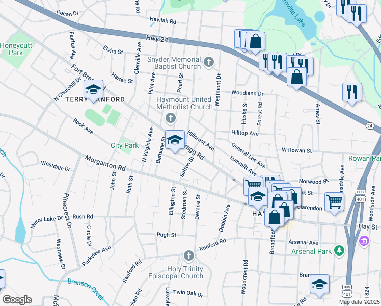 map of restaurants, bars, coffee shops, grocery stores, and more near 1603 Fort Bragg Road in Fayetteville