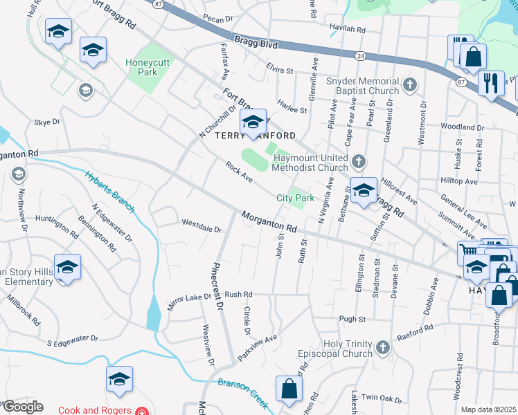 map of restaurants, bars, coffee shops, grocery stores, and more near 2108 Morganton Road in Fayetteville