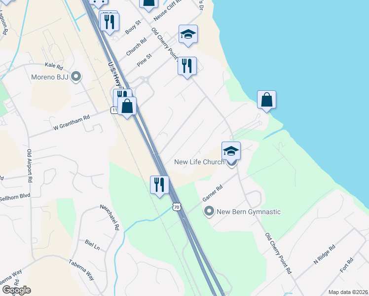 map of restaurants, bars, coffee shops, grocery stores, and more near 415 Hart Drive in New Bern