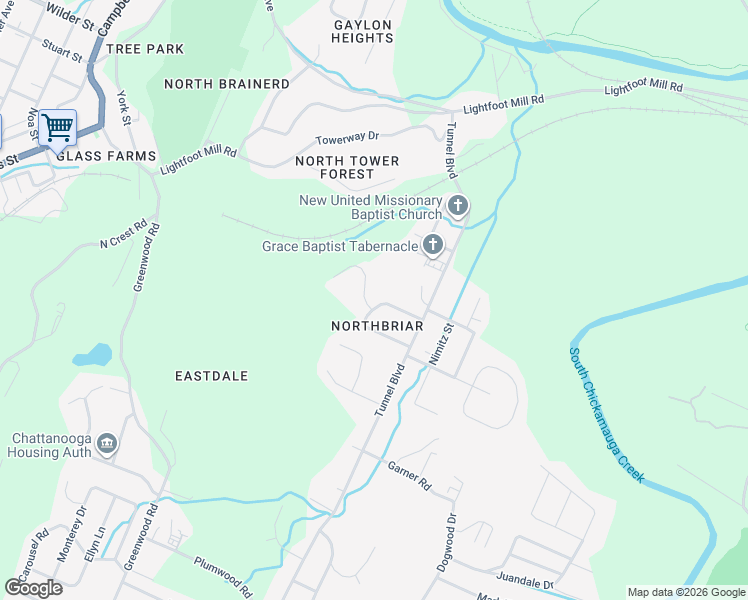 map of restaurants, bars, coffee shops, grocery stores, and more near 2449 NorthBrier Circle in Chattanooga