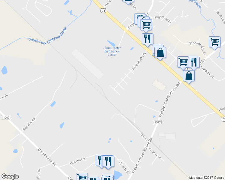 map of restaurants, bars, coffee shops, grocery stores, and more near 5901 Bridgeway Drive in Indian Trail