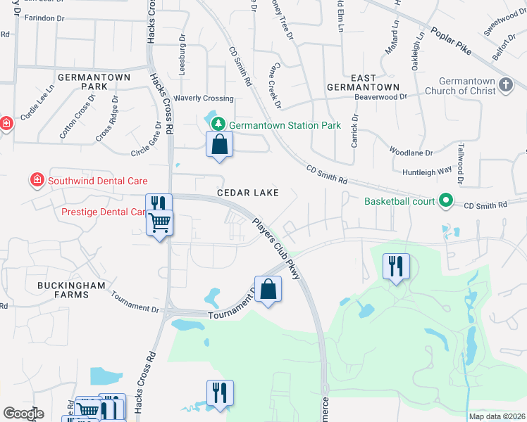 map of restaurants, bars, coffee shops, grocery stores, and more near 3250 Players Club Parkway in Memphis