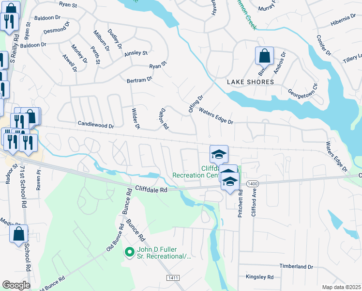 map of restaurants, bars, coffee shops, grocery stores, and more near 6020 Eaglechase Drive in Fayetteville