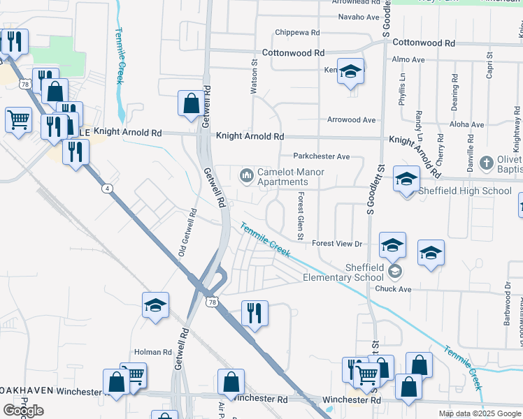 map of restaurants, bars, coffee shops, grocery stores, and more near 3211 Ashwood Street in Memphis