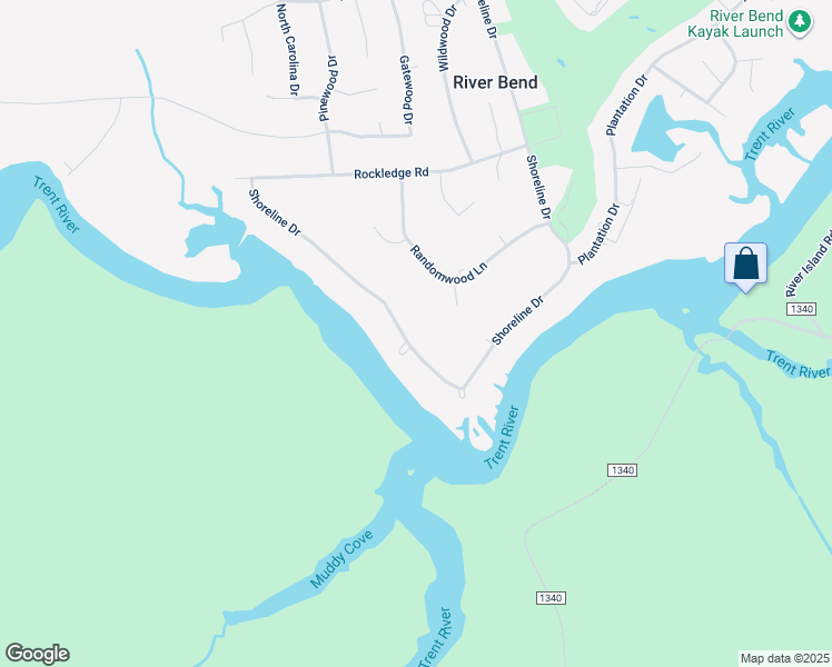 map of restaurants, bars, coffee shops, grocery stores, and more near 265 Shoreline Drive in New Bern