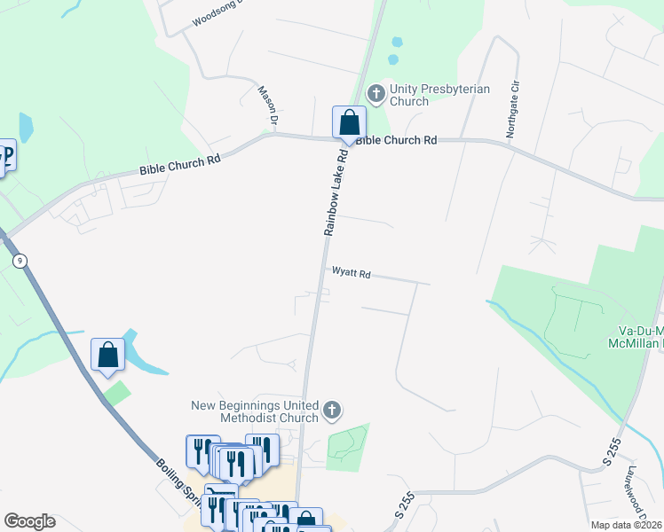 map of restaurants, bars, coffee shops, grocery stores, and more near 402 Rainbow Lake Road in Boiling Springs