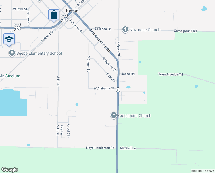 map of restaurants, bars, coffee shops, grocery stores, and more near 110 West Alabama Street in Beebe