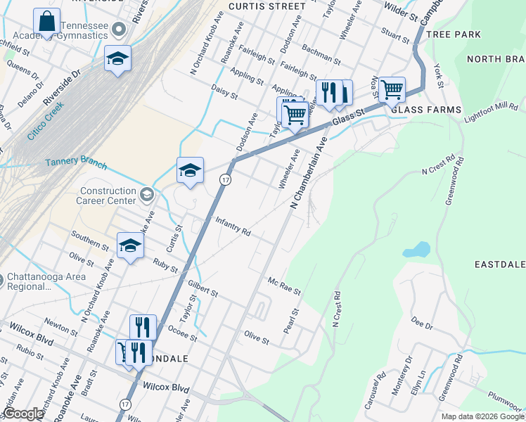 map of restaurants, bars, coffee shops, grocery stores, and more near 2108 Davenport Street in Chattanooga