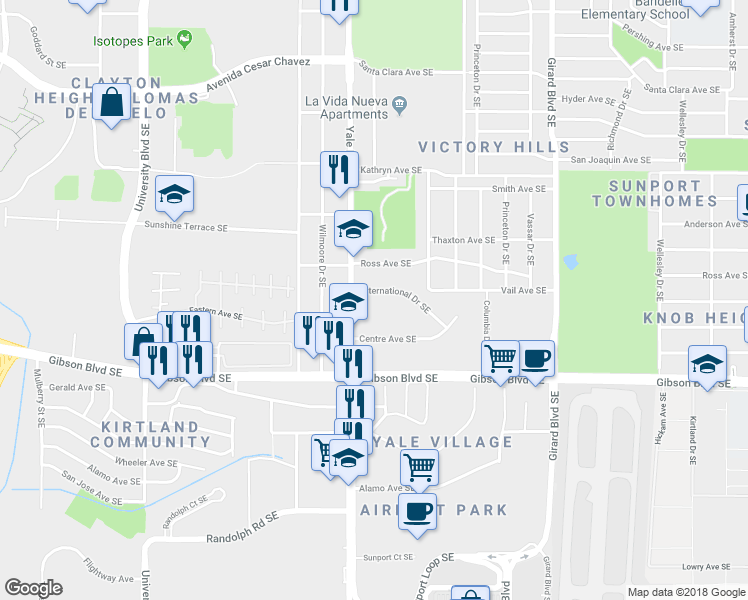 map of restaurants, bars, coffee shops, grocery stores, and more near 2300 International Ave SE in Albuquerque
