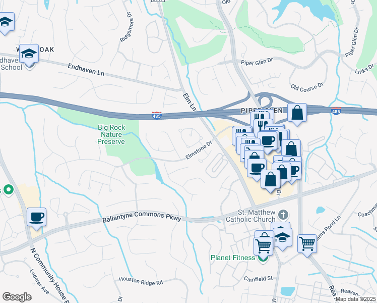 map of restaurants, bars, coffee shops, grocery stores, and more near 6119 Rosebriar Lane in Charlotte