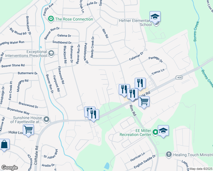 map of restaurants, bars, coffee shops, grocery stores, and more near 1220 Braybrooke Place in Fayetteville