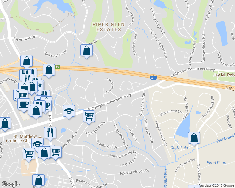map of restaurants, bars, coffee shops, grocery stores, and more near 11523 Essex Fells Drive in Charlotte
