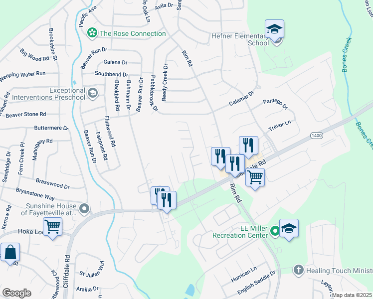 map of restaurants, bars, coffee shops, grocery stores, and more near 5115 Lime Street in Fayetteville