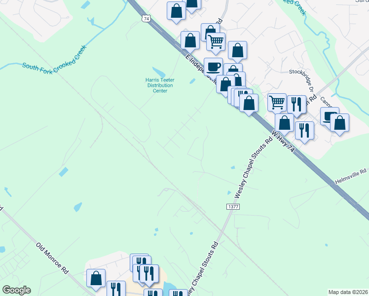 map of restaurants, bars, coffee shops, grocery stores, and more near 5800 Coral Ridge Lane in Indian Trail