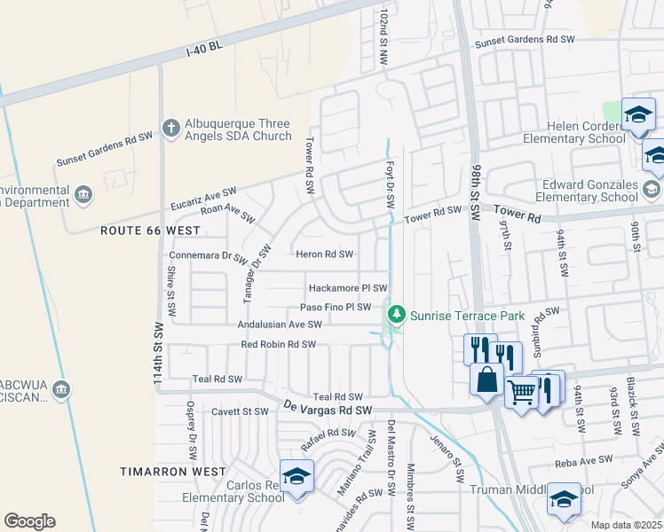 map of restaurants, bars, coffee shops, grocery stores, and more near 10327 Connemara Avenue Southwest in Albuquerque