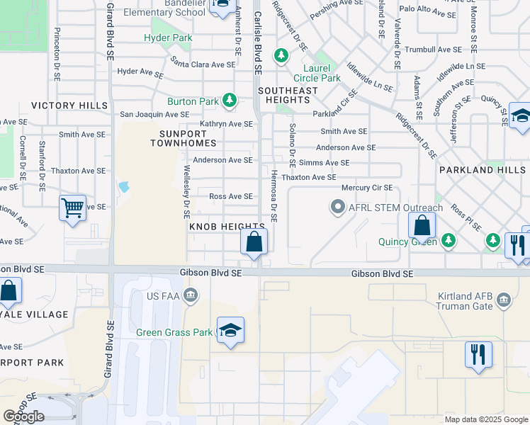 map of restaurants, bars, coffee shops, grocery stores, and more near 1403 Hermosa Drive Southeast in Albuquerque