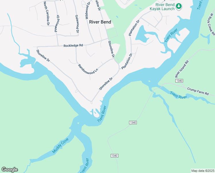 map of restaurants, bars, coffee shops, grocery stores, and more near 224 Shoreline Drive in New Bern