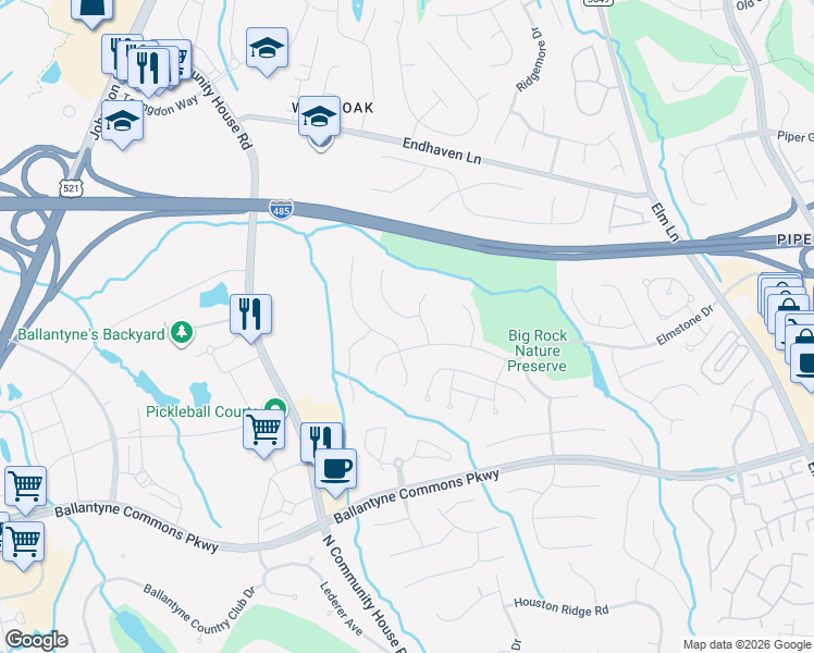 map of restaurants, bars, coffee shops, grocery stores, and more near 6816 Elmstone Drive in Charlotte