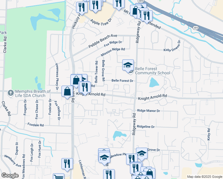 map of restaurants, bars, coffee shops, grocery stores, and more near 6083 Knightsbridge Drive in Memphis