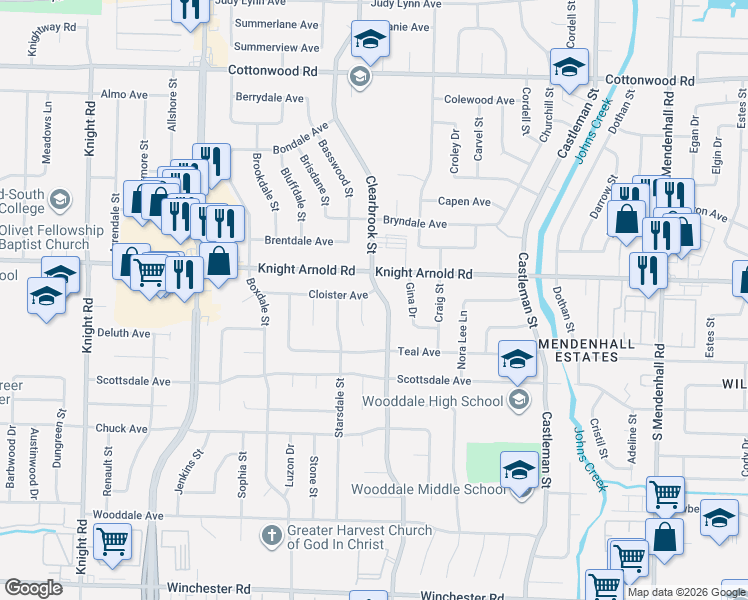 map of restaurants, bars, coffee shops, grocery stores, and more near 3205 Clearbrook Street in Memphis