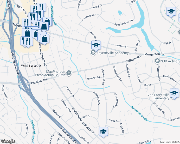 map of restaurants, bars, coffee shops, grocery stores, and more near 3227 Cliffdale Road in Fayetteville