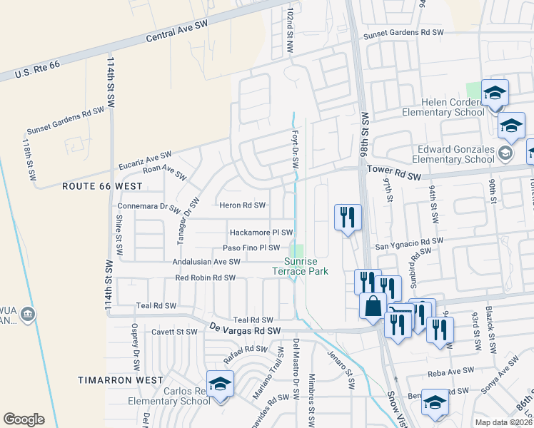map of restaurants, bars, coffee shops, grocery stores, and more near 10301 Connemara Drive Southwest in Albuquerque