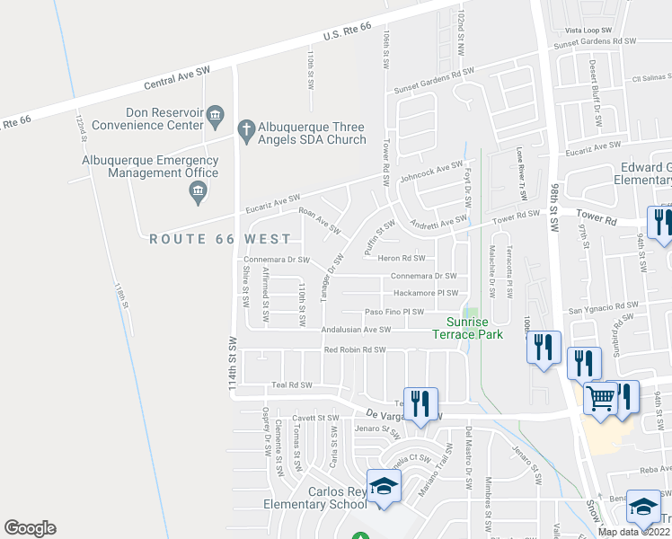 map of restaurants, bars, coffee shops, grocery stores, and more near 10623 Connemara Drive Southwest in Albuquerque