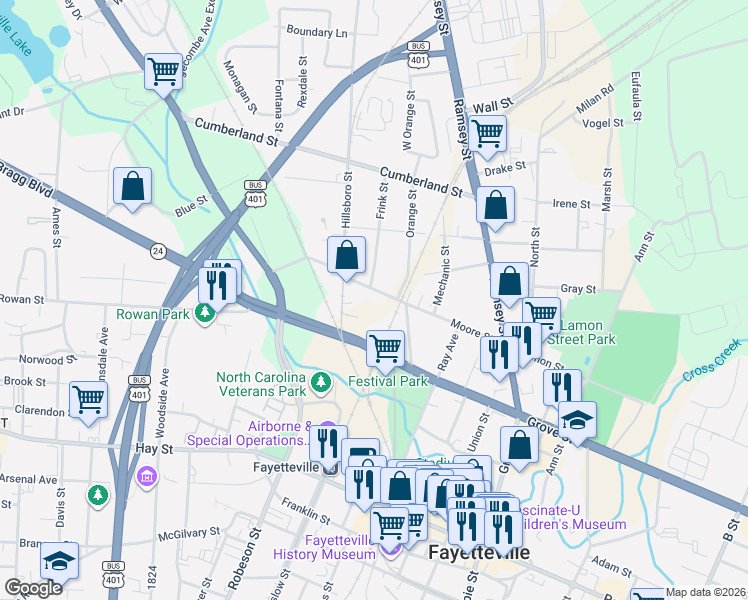 map of restaurants, bars, coffee shops, grocery stores, and more near 434 Hillsboro St in Fayetteville