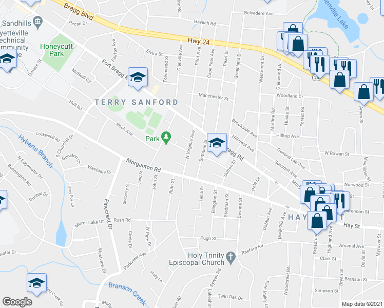 map of restaurants, bars, coffee shops, grocery stores, and more near 118 North Virginia Avenue in Fayetteville