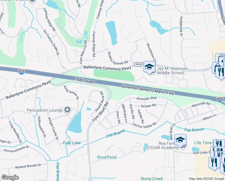 map of restaurants, bars, coffee shops, grocery stores, and more near 10723 Tom Short Road in Charlotte