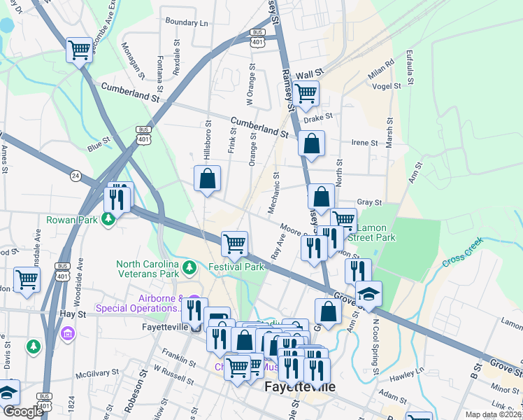 map of restaurants, bars, coffee shops, grocery stores, and more near 326 Moore Street in Fayetteville