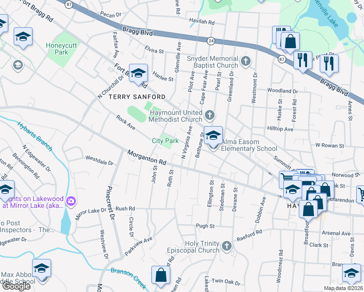 map of restaurants, bars, coffee shops, grocery stores, and more near 1910 Millan Drive in Fayetteville