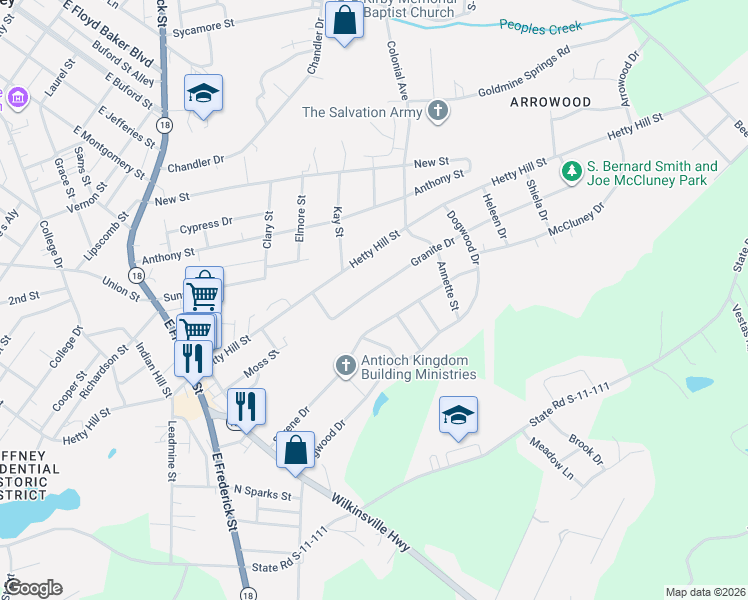 map of restaurants, bars, coffee shops, grocery stores, and more near 411 Serene Drive in Gaffney