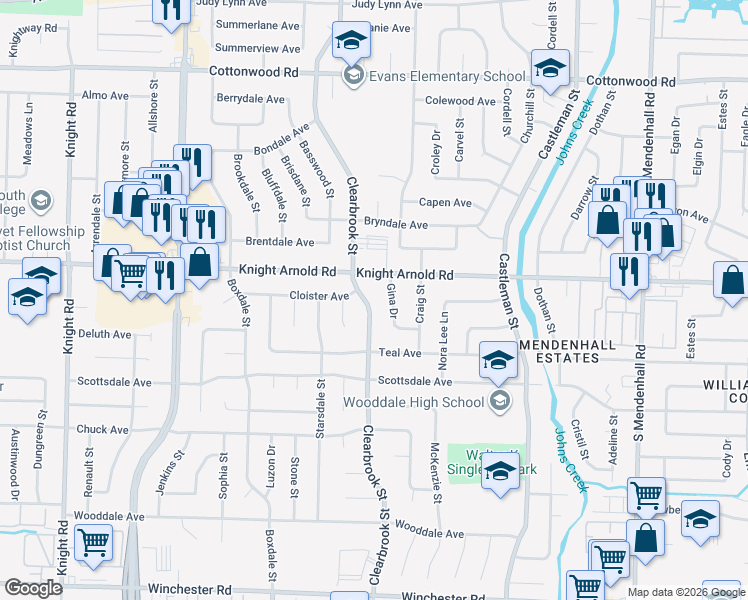 map of restaurants, bars, coffee shops, grocery stores, and more near 3205 Clearbrook Street in Memphis