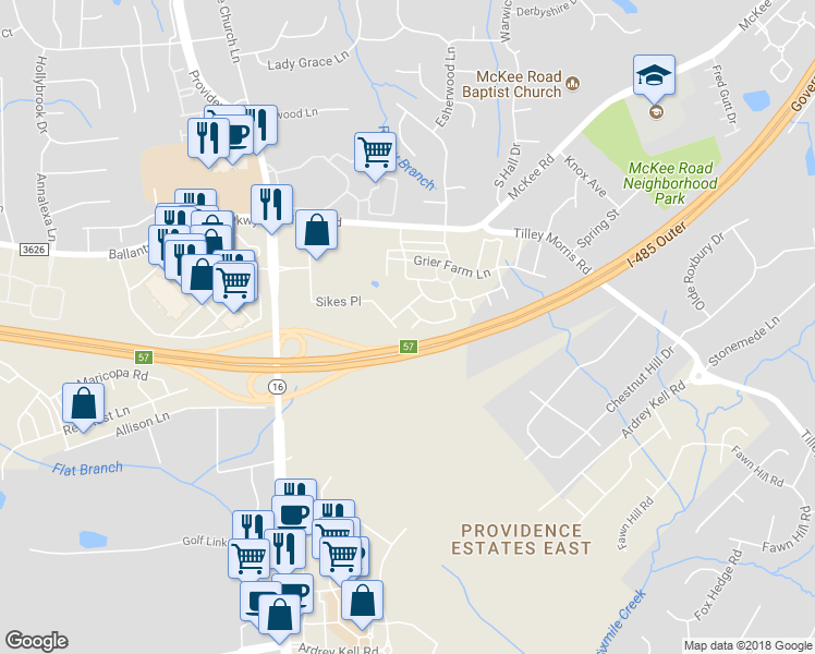 map of restaurants, bars, coffee shops, grocery stores, and more near 11724 Guenoc Court in Charlotte
