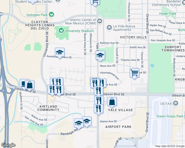 map of restaurants, bars, coffee shops, grocery stores, and more near 1830 Wilmoore Drive Southeast in Albuquerque