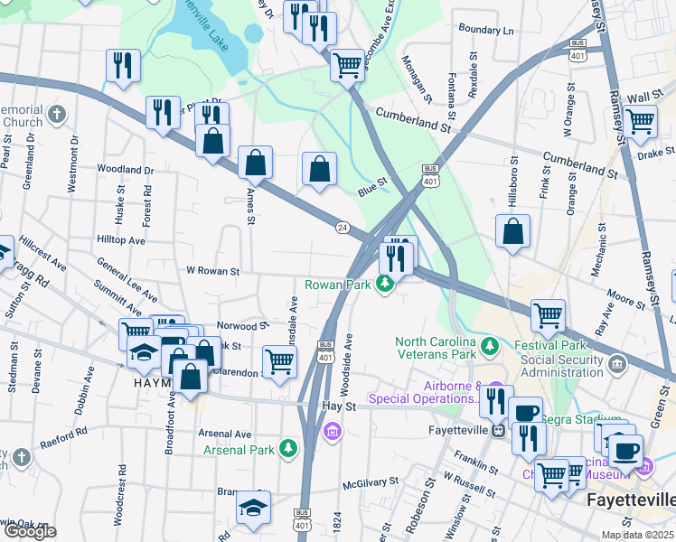 map of restaurants, bars, coffee shops, grocery stores, and more near 812 West Rowan Street in Fayetteville