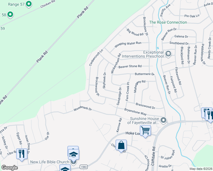 map of restaurants, bars, coffee shops, grocery stores, and more near 6912 Skyhawk Drive in Fayetteville