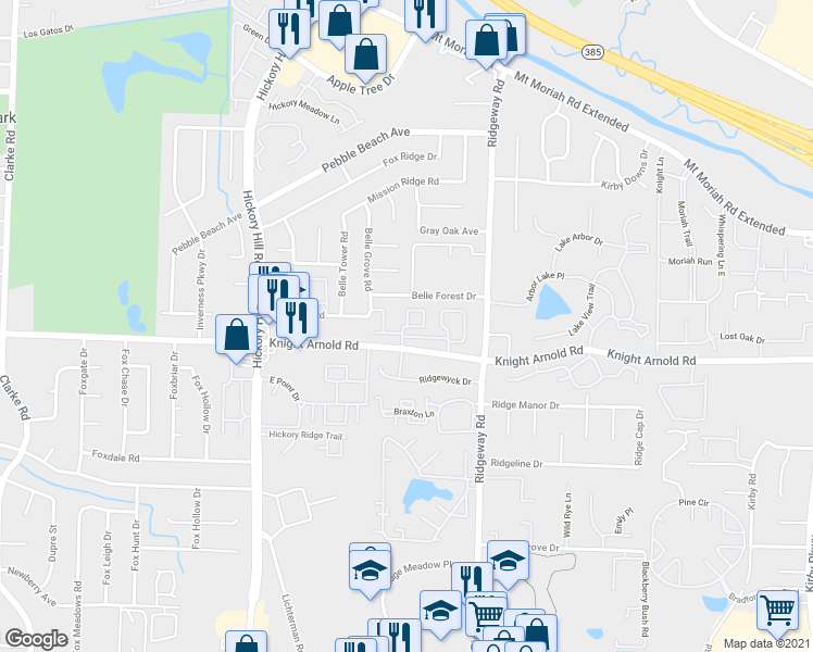map of restaurants, bars, coffee shops, grocery stores, and more near 3251 Knightsbridge Cir in Memphis
