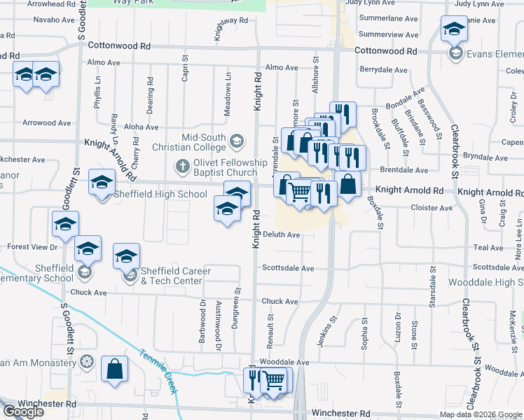 map of restaurants, bars, coffee shops, grocery stores, and more near 3206 Knight Road in Memphis