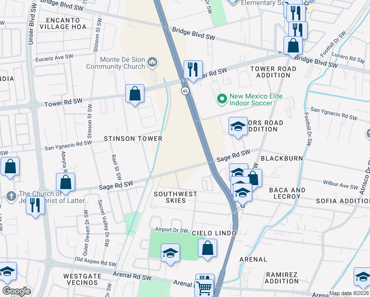 map of restaurants, bars, coffee shops, grocery stores, and more near 1807 Arenal Road Southwest in Albuquerque