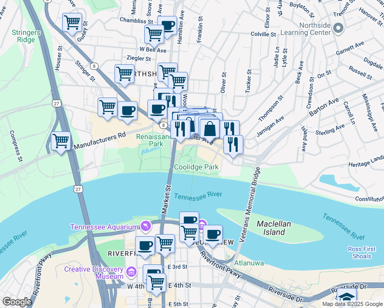 map of restaurants, bars, coffee shops, grocery stores, and more near 150 River Street in Chattanooga