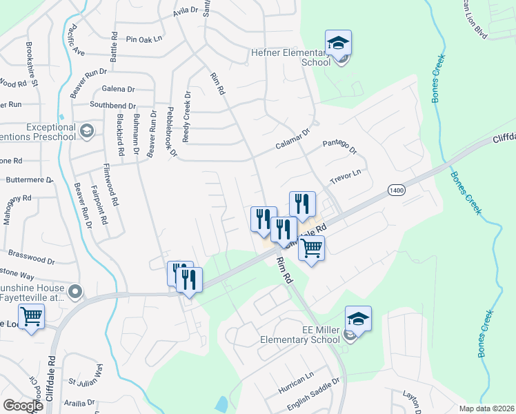 map of restaurants, bars, coffee shops, grocery stores, and more near 1038 Rim Road in Fayetteville