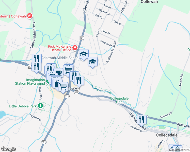map of restaurants, bars, coffee shops, grocery stores, and more near 5100 Ooltewah Ringgold Road in Ooltewah