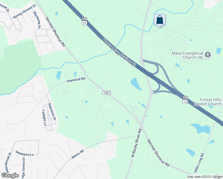 map of restaurants, bars, coffee shops, grocery stores, and more near 5306 Secrest Short Cut Road in Monroe